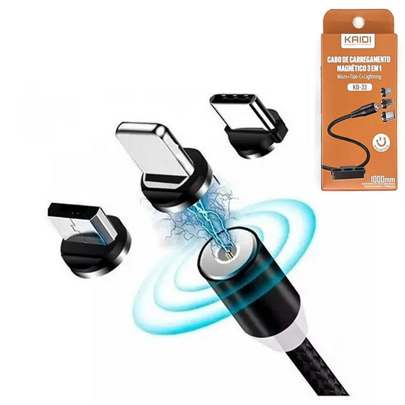 Cabo Usb magnetico Kaidi 3 em 1